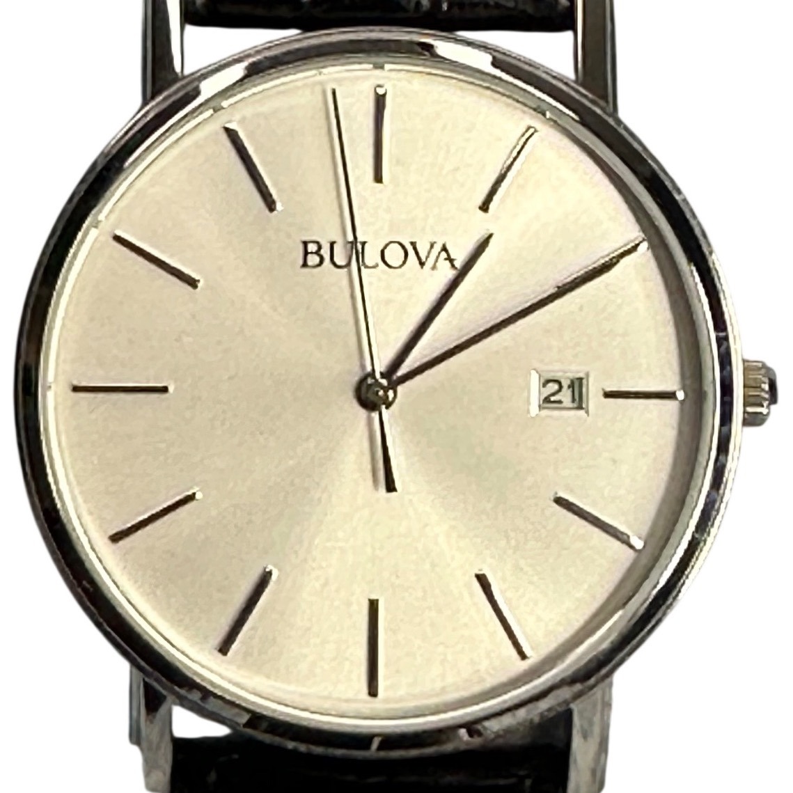Bulova Classic Mens Watch Silver Dial Date Stainless Steel Black Leather 96b104